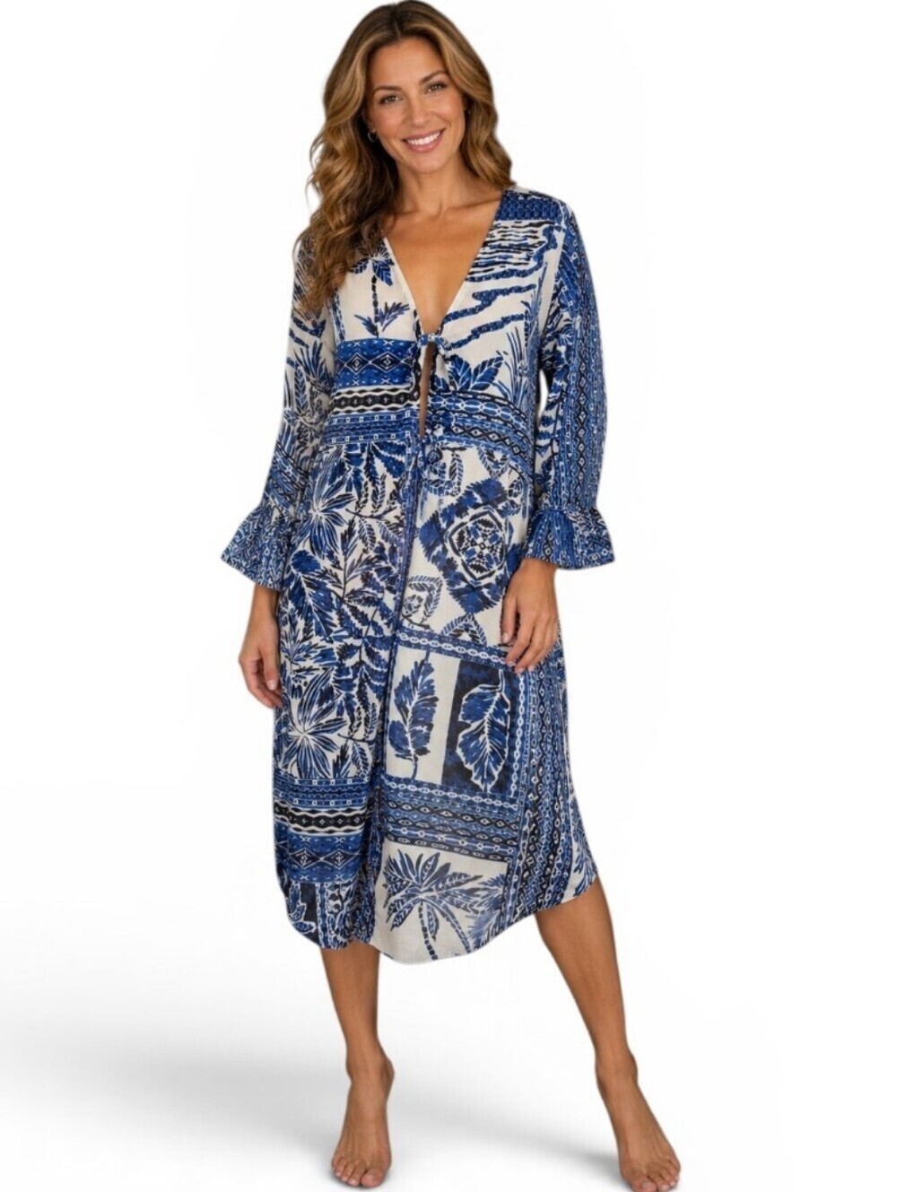 True Destinations Patch Palm Blue & White Boho Resort Tie Front Cover Up XS NWT